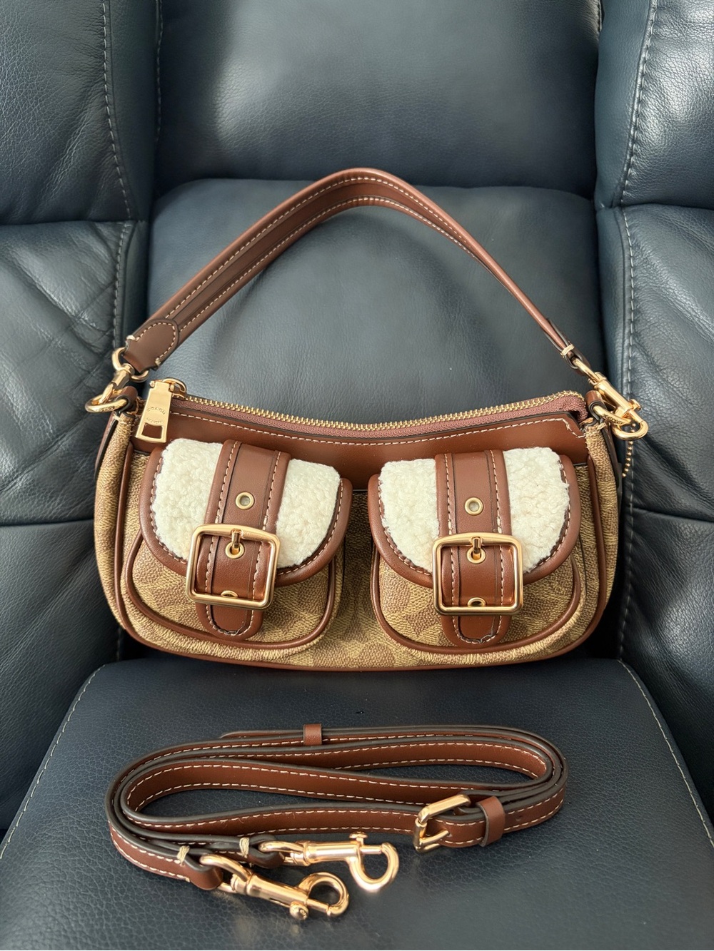 Coach Brown Canvas and Leather Convertible Crossbody with Sherpa Flap Accents